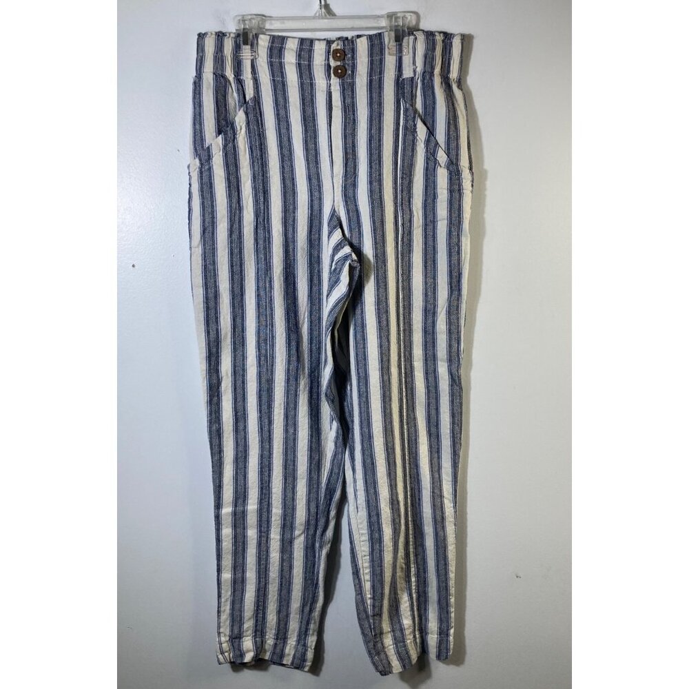 Womens So Goods For Life High Rise Tapered Linen Blend Striped Pants L Blue Whit